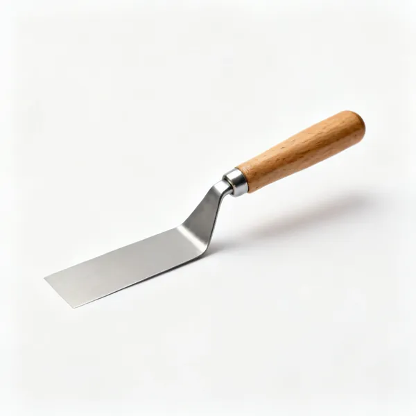 A flexible steel filling knife with a wooden handle