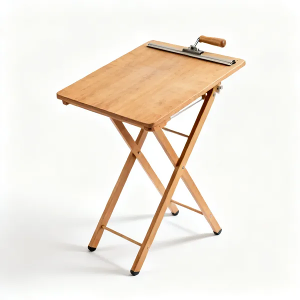 A folding wooden pasting table set up with legs extended