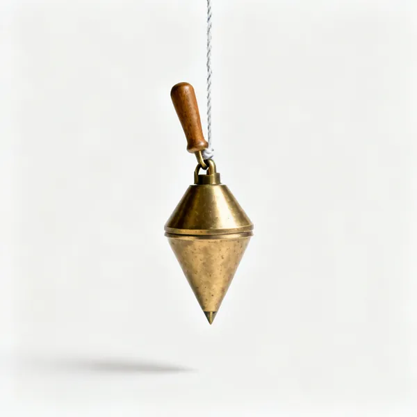 Plumb line: A brass plumb bob hanging from a chalked string line