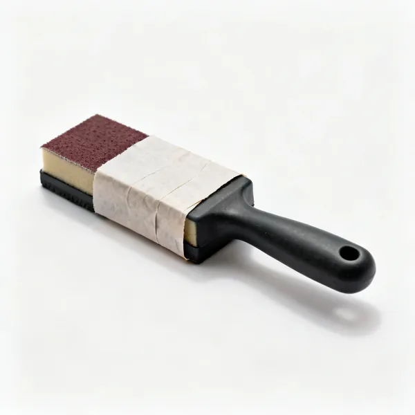 A rubber sanding block with abrasive paper wrapped around it