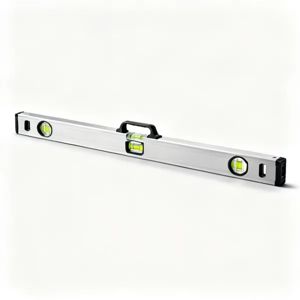 A long aluminium spirit level with three bubble vials