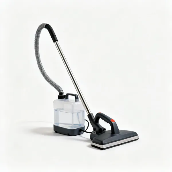 A wallpaper steamer with a water tank, hose and flat steam plate