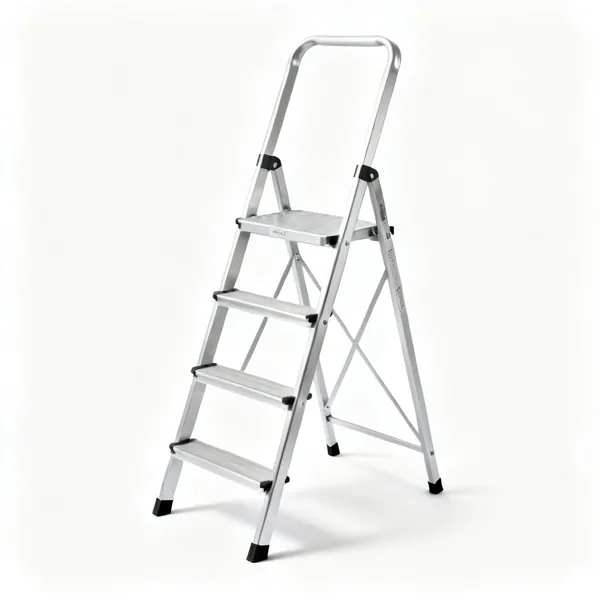 A folding aluminium step ladder with a platform top step