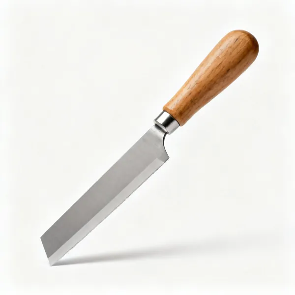 A wide stiff bladed stripping knife with a wooden handle