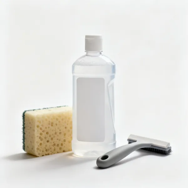 A plastic bottle of sugar soap concentrate beside a sponge