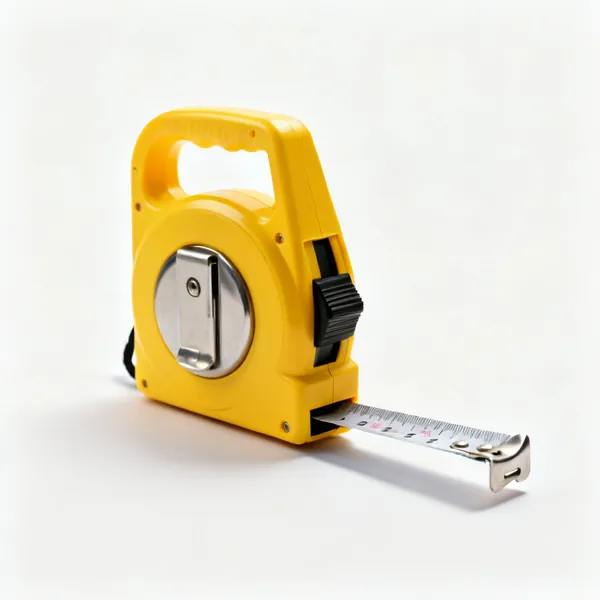 A retractable steel tape measure with a yellow case, blade partly extended