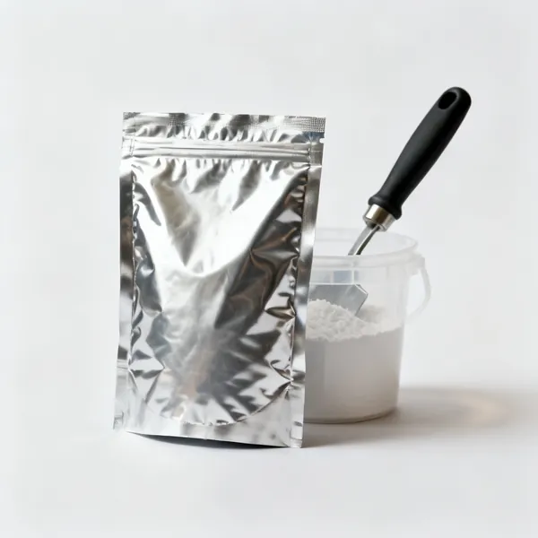 A foil sachet of wallpaper paste powder standing against a small plastic mixing bucket, centred with clear space at every edge