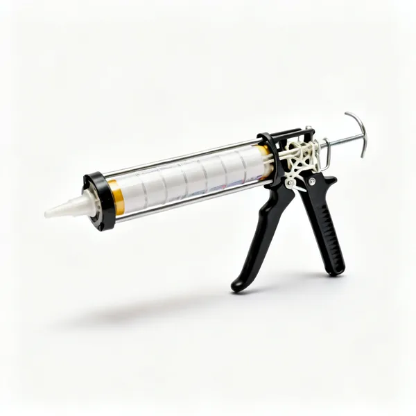 A skeleton caulking gun with a cartridge and trigger