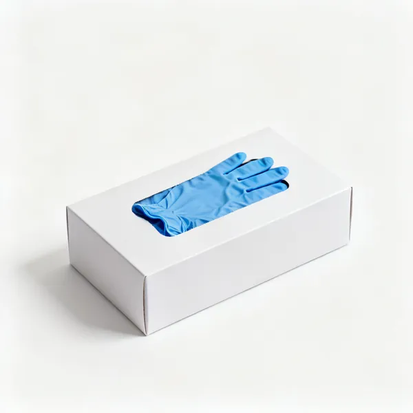 A box of blue nitrile disposable gloves