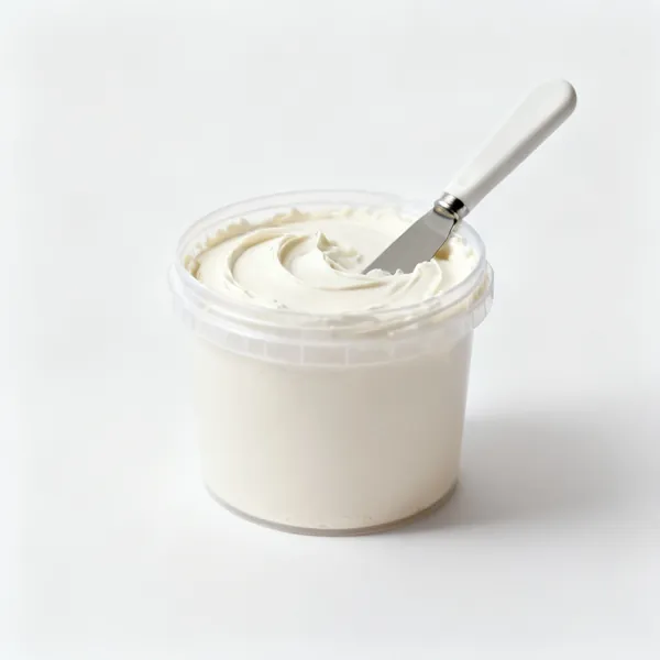 A tub of decorating filler paste with a filling knife