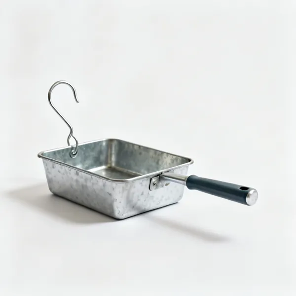 Ladder tray: A small galvanised metal paint tray with a wire S hook attached for hanging