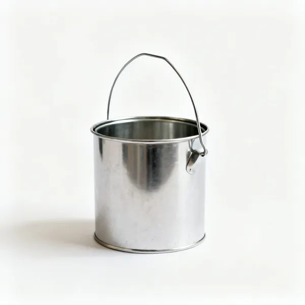 A metal paint kettle with a wire handle