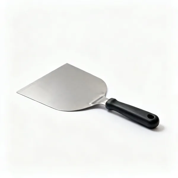A flat metal paint shield with a handle
