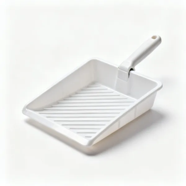 A plastic paint roller tray with a ribbed slope