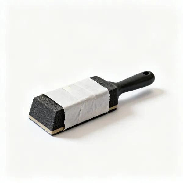 A rubber sanding block with abrasive paper wrapped around it