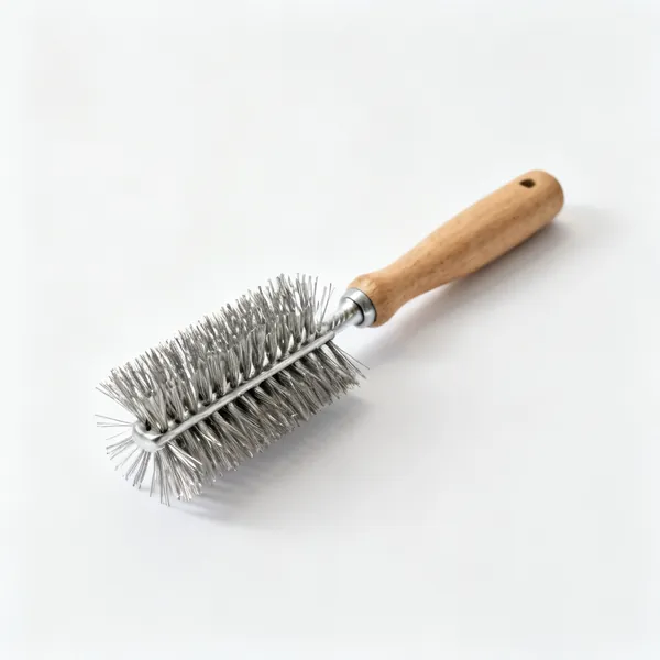 A wire brush with steel bristles and a wooden handle