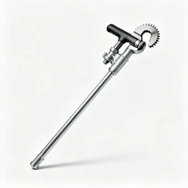 A basin wrench with a long steel shaft, T handle and swivelling toothed jaw