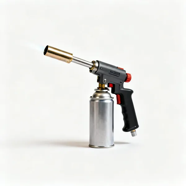 A handheld plumbers blowtorch with a gas canister and self igniting burner head