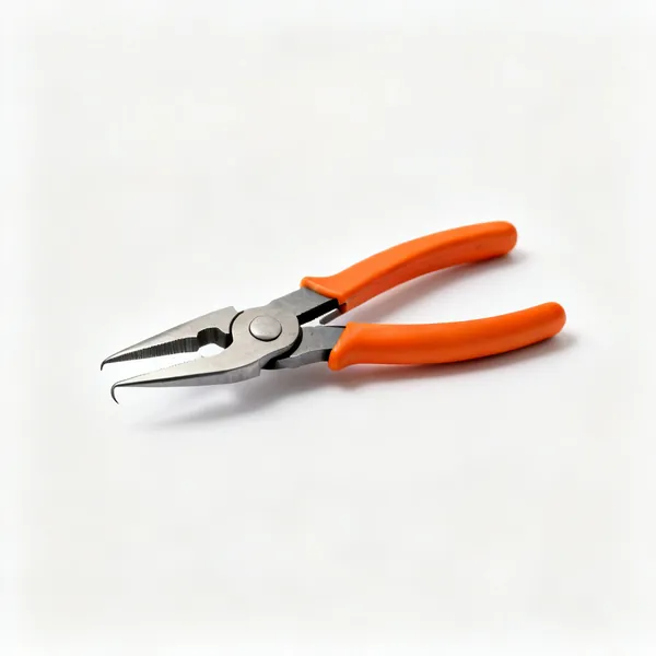 A pair of circlip pliers with fine bent pointed tips and orange handles