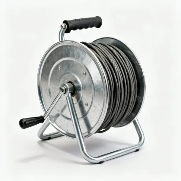 A drum hand drain auger with a metal drum, crank handle and coiled cable