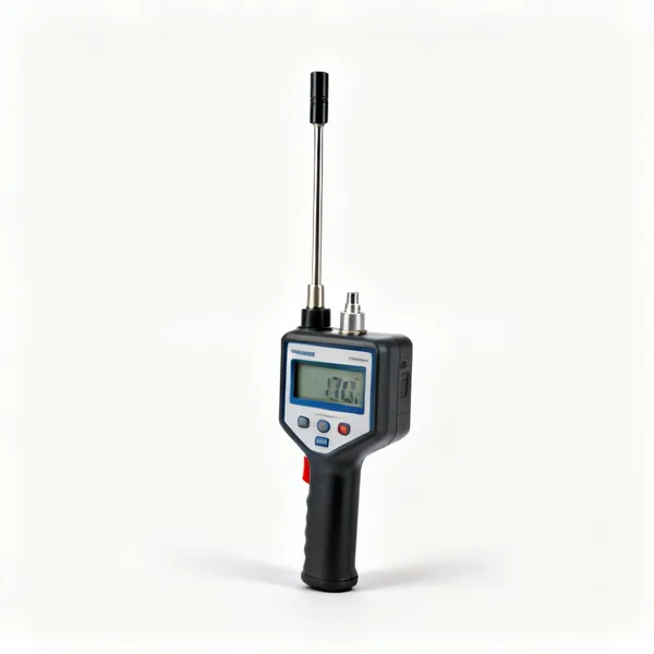 A handheld flue gas analyser with a digital display and a probe