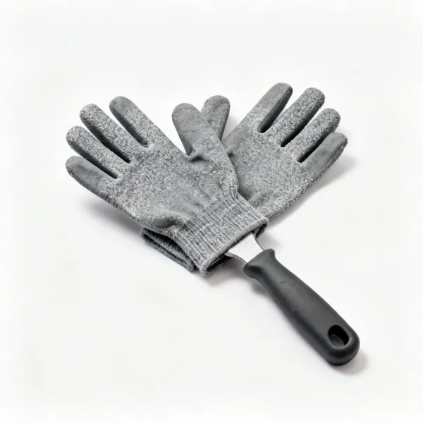 A pair of grey cut resistant work gloves with coated palms