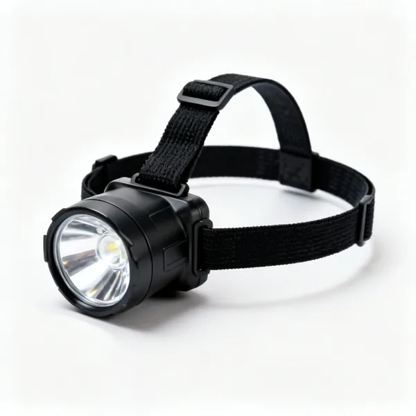 A black LED head torch with an adjustable elastic headband