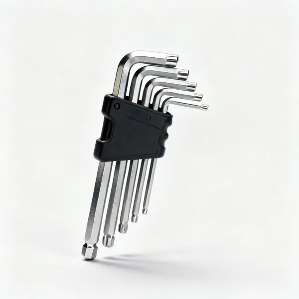 Hex key set: A set of hex allen keys of graduated sizes fanned out from a holder