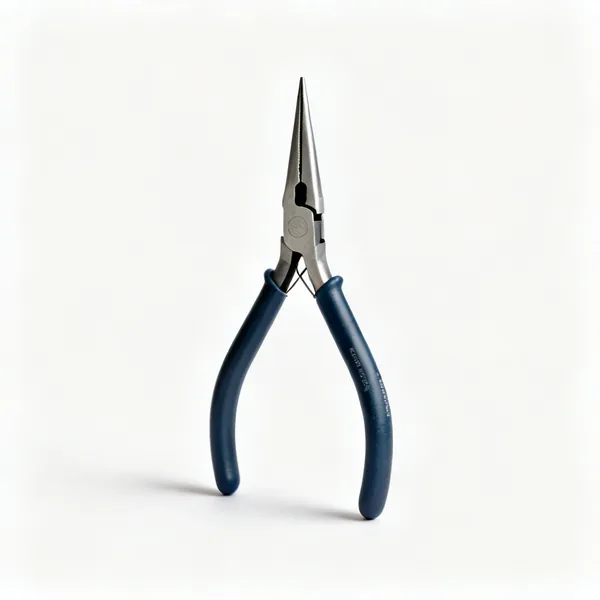 A pair of long nose pliers with slim tapering jaws and insulated handles