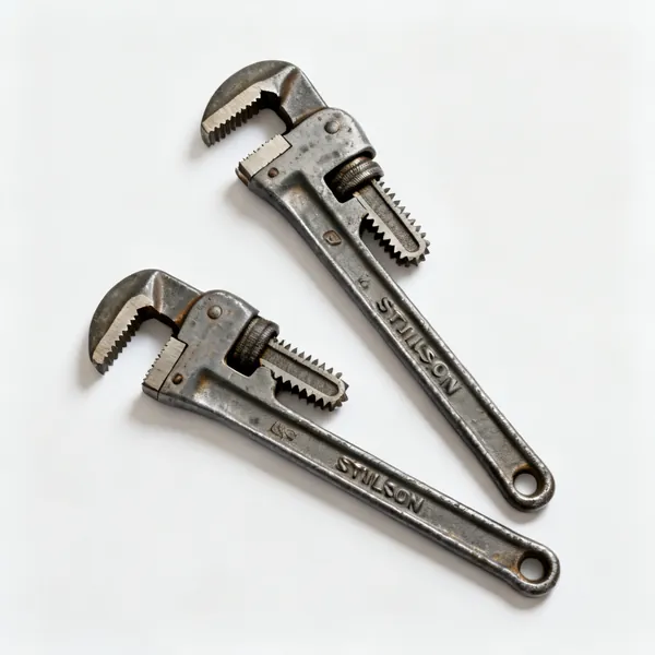 Two Stillson pipe wrenches with serrated jaws and long handles