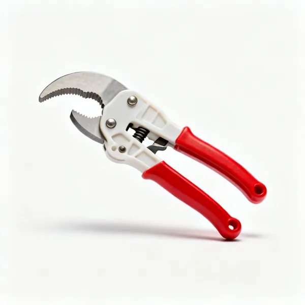 A pair of ratcheting plastic pipe shears with a curved blade and red handles