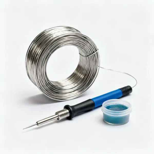 Solder and flux: A coil of lead free solder wire beside a small tub of flux paste