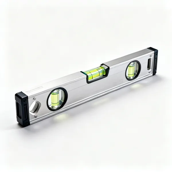 An aluminium spirit level with three glass vials and machined edges