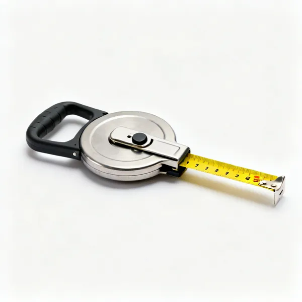 A retractable steel tape measure with a yellow blade, belt clip and locking button