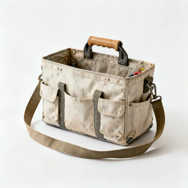 An open top canvas plumbers tool bag with side pockets and a shoulder strap