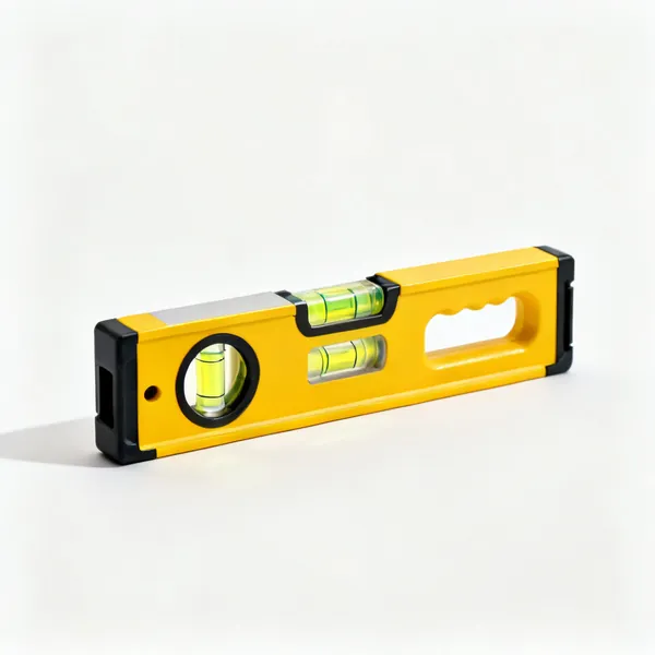 Torpedo level: A short magnetic torpedo spirit level with three vials and a yellow body
