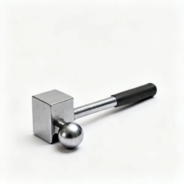 A ball pein hammer with a steel head, flat face and rounded pein