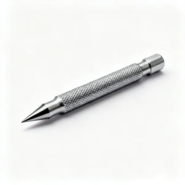 A steel centre punch with a knurled body and a sharp conical hardened tip