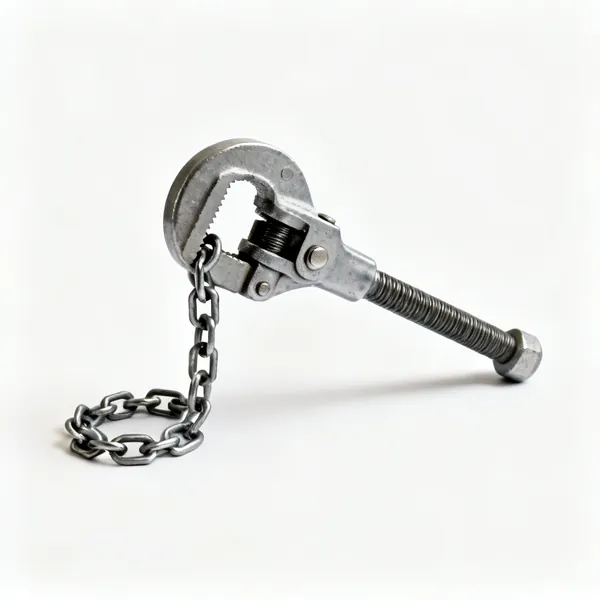 A pipe chain clamp with a heavy chain and a tensioning screw handle