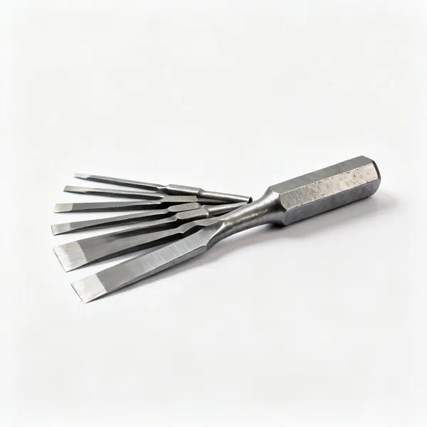 A set of steel cold chisels with flat cutting edges and hexagonal bodies