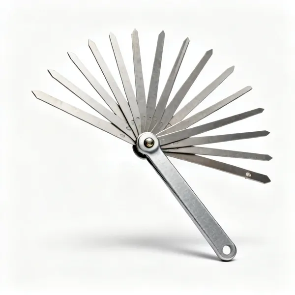 A set of feeler gauges, a fan of thin steel blades on a pivot