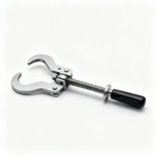 Flange aligner: A flange alignment tool with two hooked arms and a threaded adjusting screw
