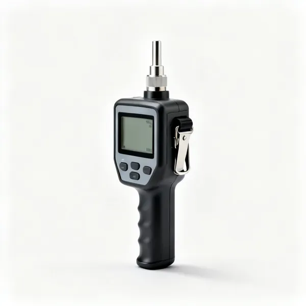 A handheld portable gas detector with a digital display and a belt clip
