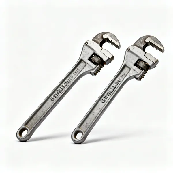 Two Stillson pipe wrenches with serrated jaws and long handles