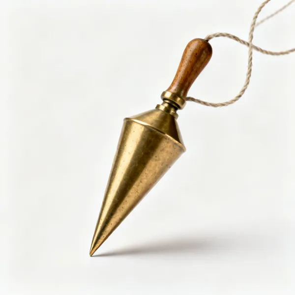 A brass plumb bob, a pointed conical weight on a cord