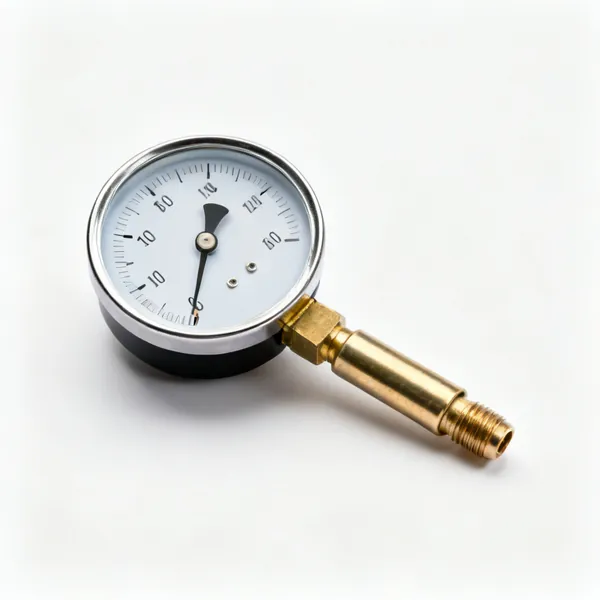 Test pressure gauge: A large round calibrated pressure test gauge with a brass fitting