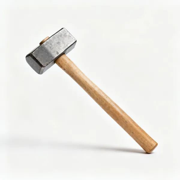 A sledgehammer with a heavy rectangular steel head and a long wooden handle