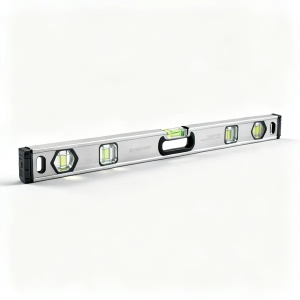 Heavy spirit level: A long aluminium spirit level with several glass vials and machined edges