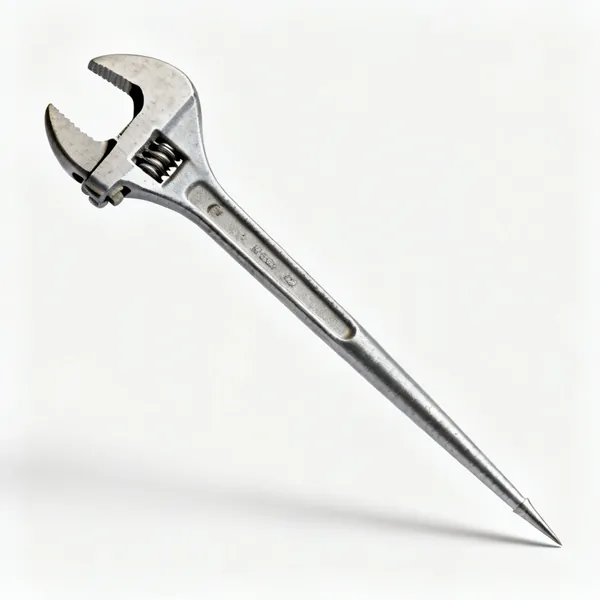 A spud wrench with an open ended spanner at one end and a long tapered spike at the other