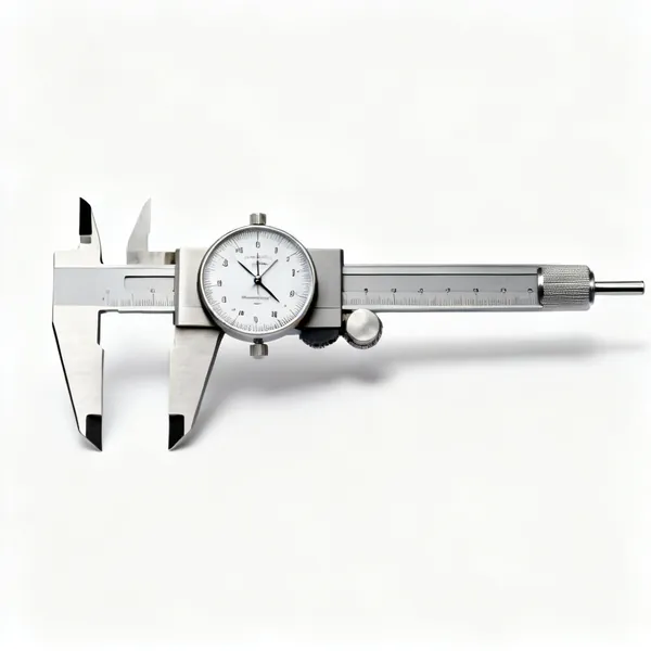 A stainless steel vernier caliper with a dial, outside jaws and depth rod